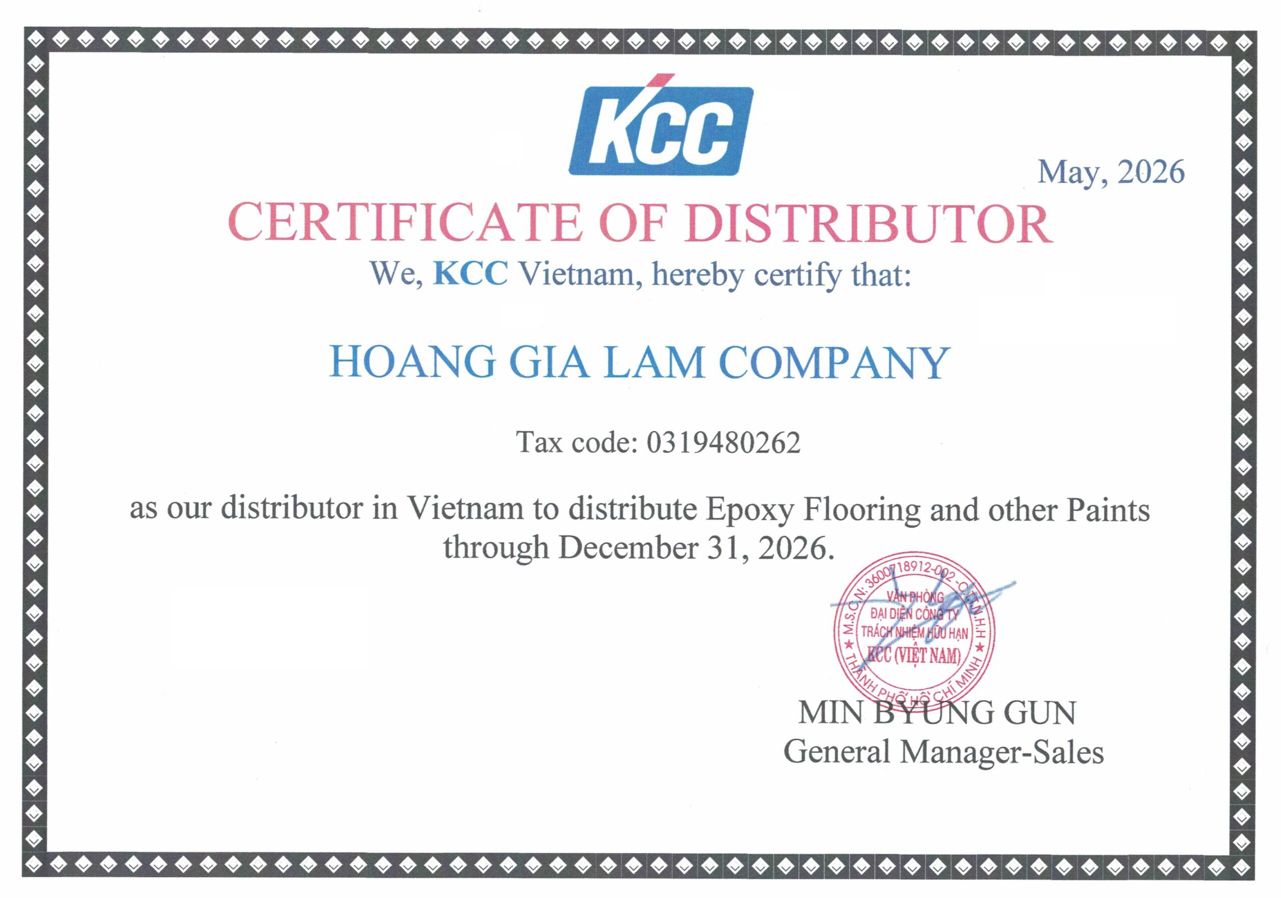 Chứng nhận phân phối sơn Epoxy KCC chính hãng tại Việt Nam